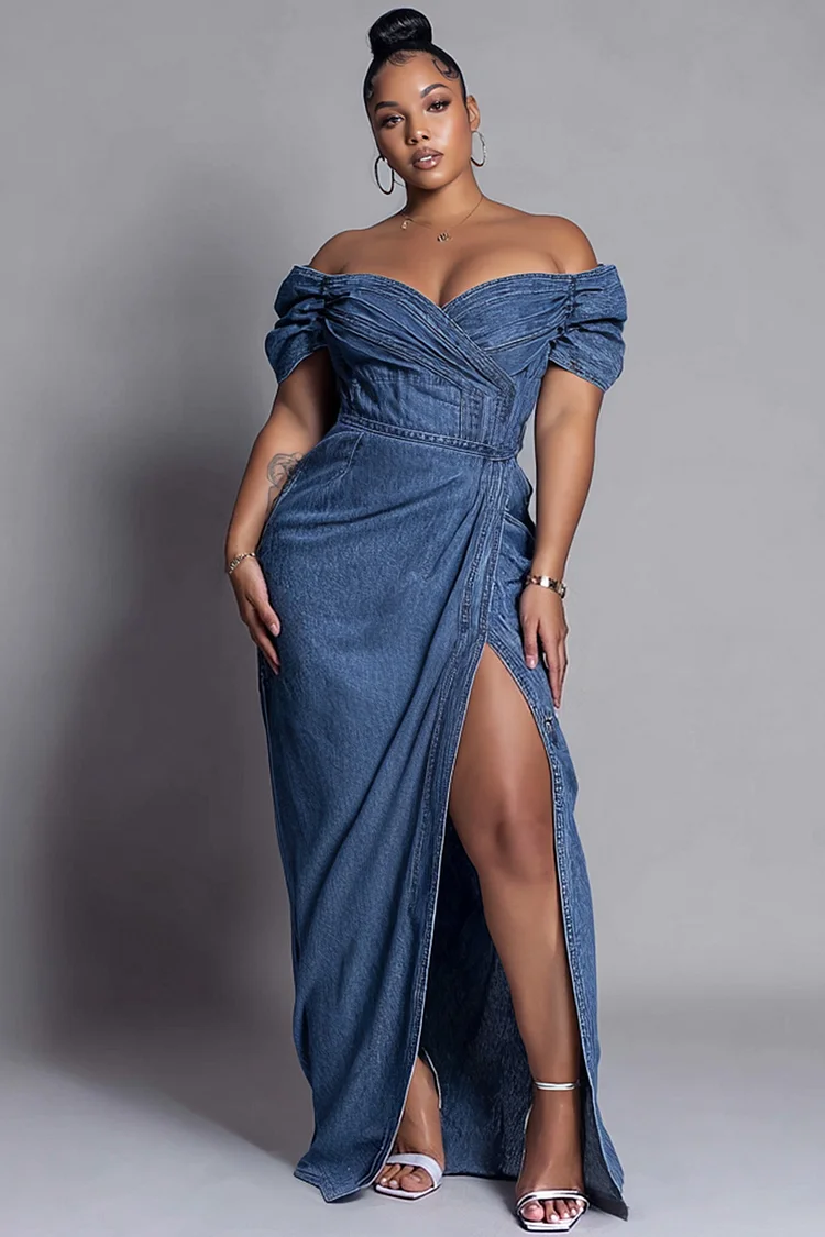 Xpluswear Design Plus Size Party Blue Off The Shoulder Split Tencel Denim Maxi Dresses [Pre-Order] 2024 - Xpluswear