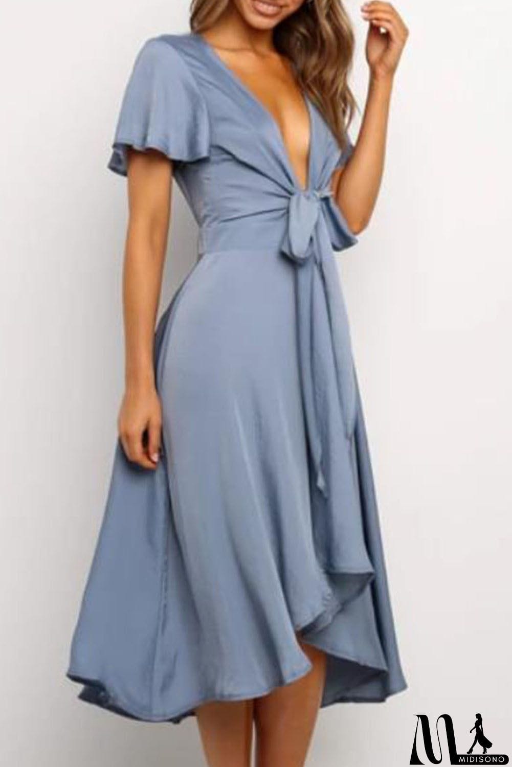 MidiSono - Deep V Neck Flutter Sleeve High Waist Flare Midi Dress