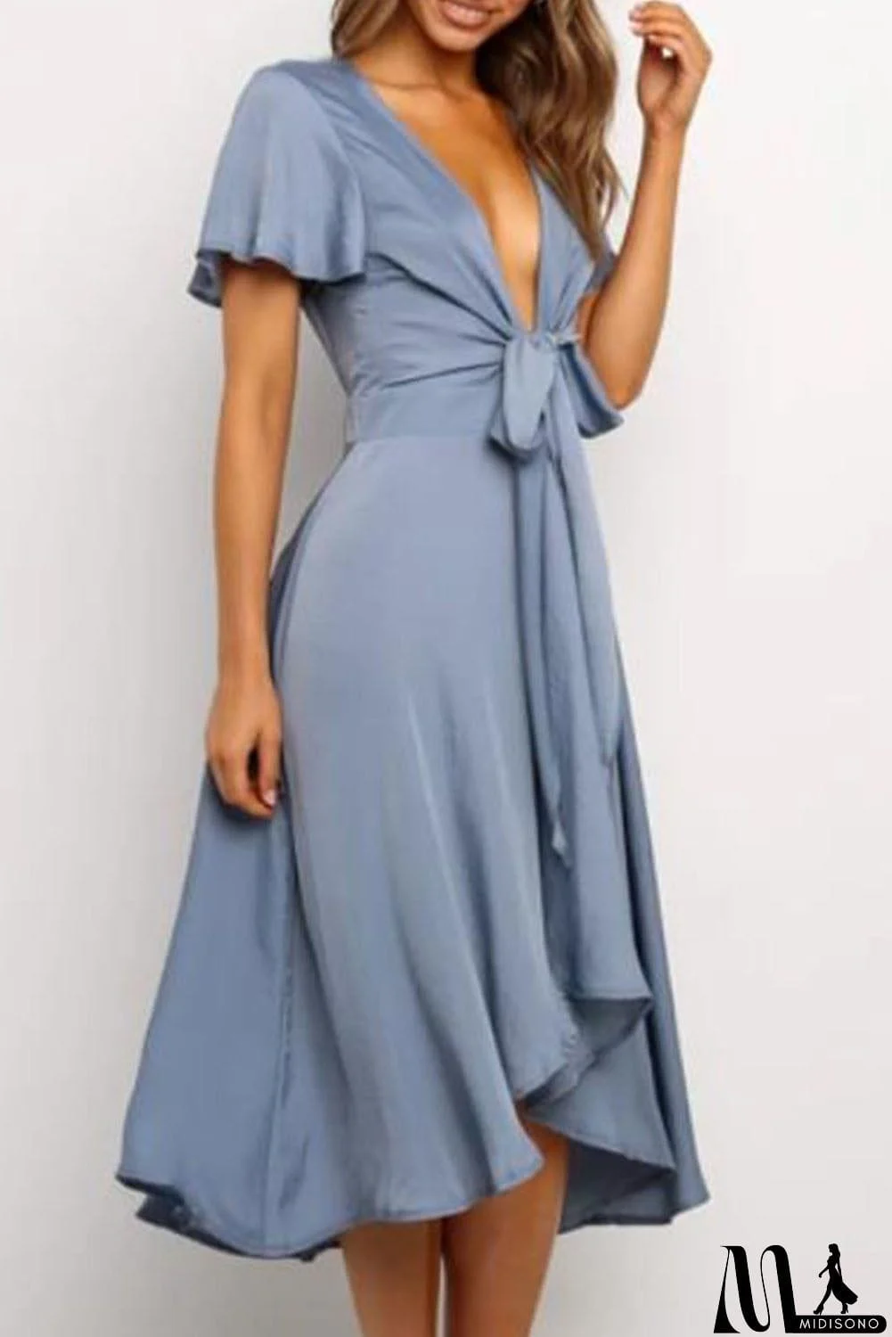 MidiSono - Deep V Neck Flutter Sleeve High Waist Flare Midi Dress