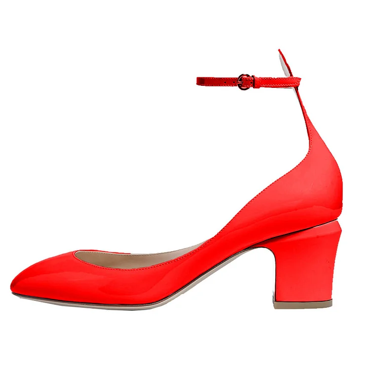 Red Round Toe Chunky Heels Ankle Strap Pumps for Ladies |FSJ Shoes