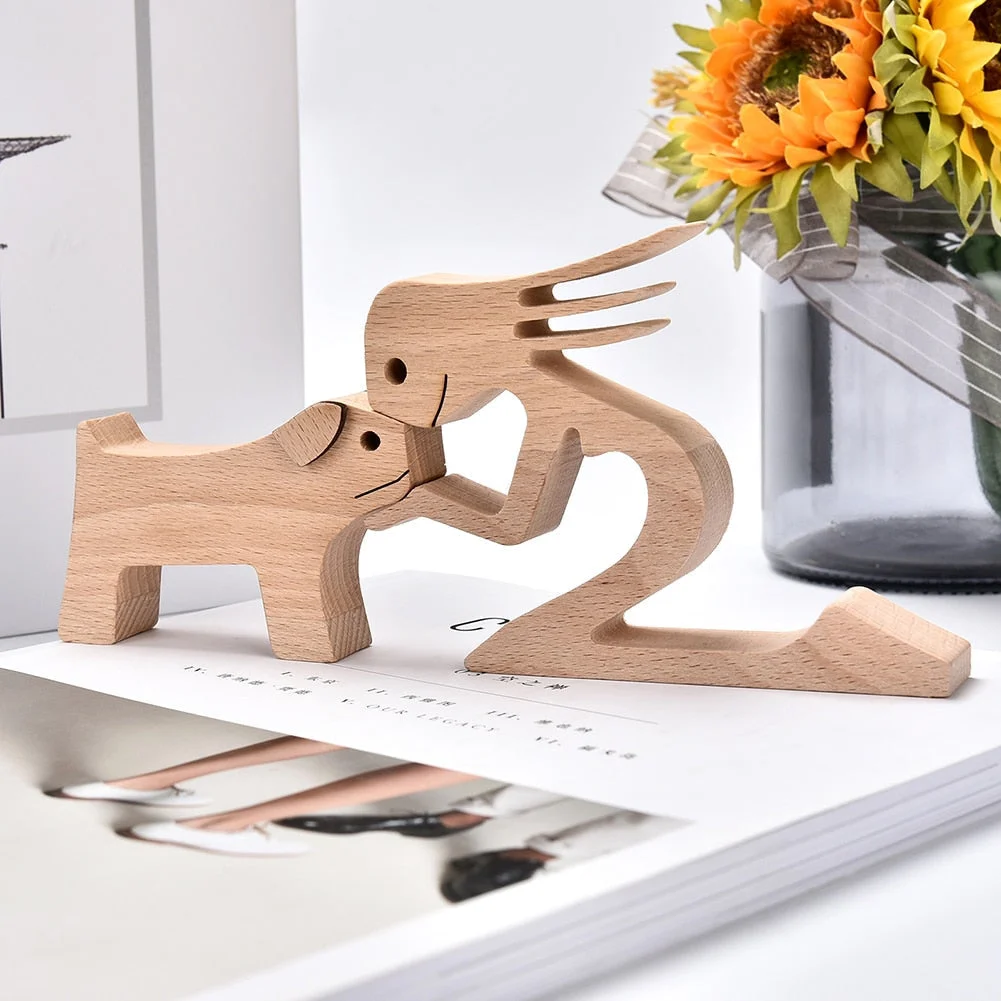 Family Puppy Wood Dog Craft Figurine Desktop Table Ornament Carving Model Creative Home Office Decoration Love Pet sculpture 515-1