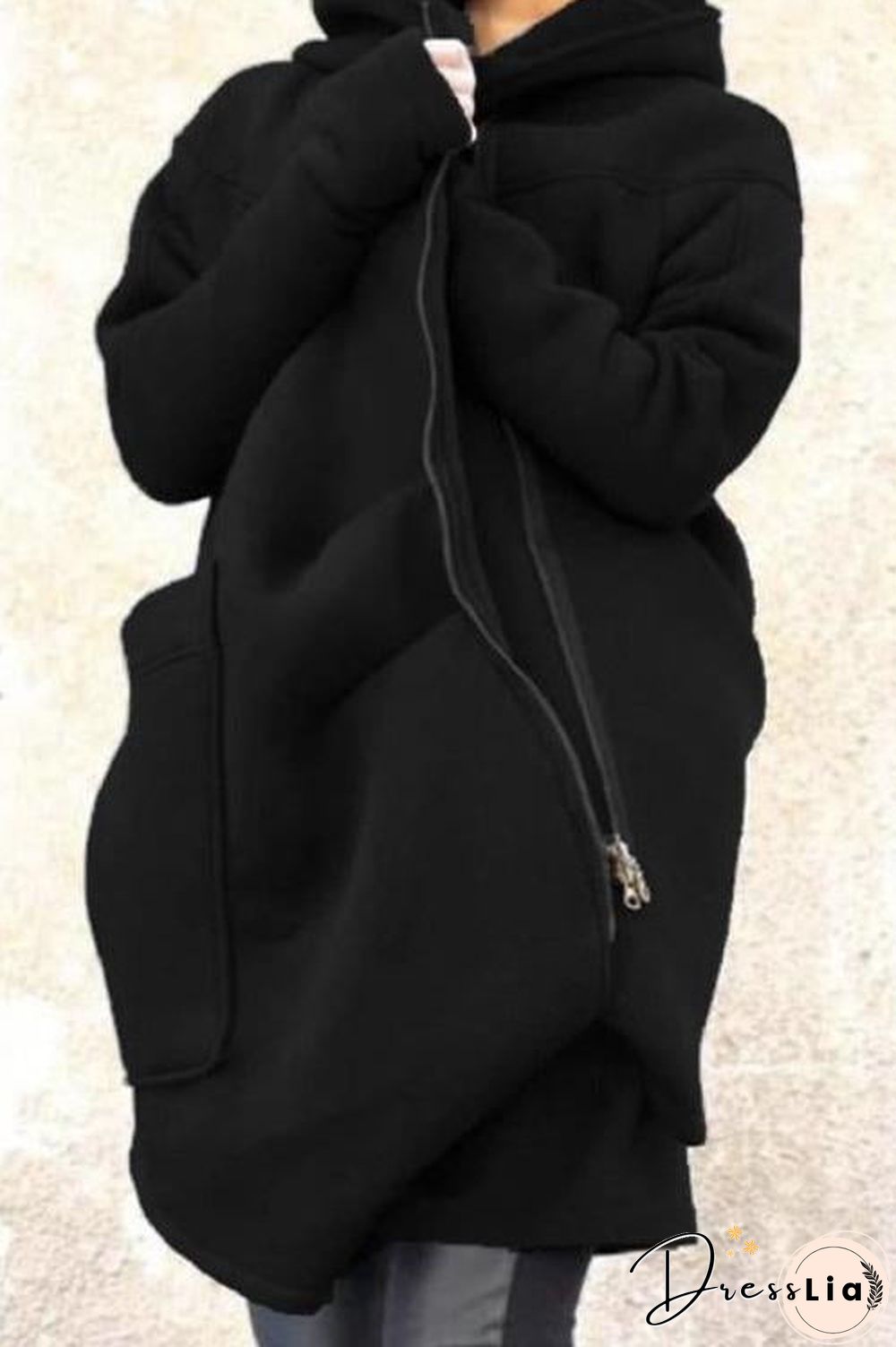 Oblique Zipper Long Hoodie Jacket with Big Pocket