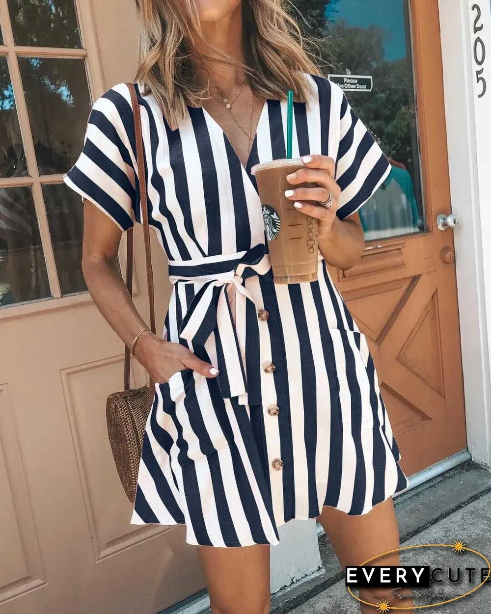 Classic Casual Deep V Neck Tie Waist Vertical Striped Bodycon dress
