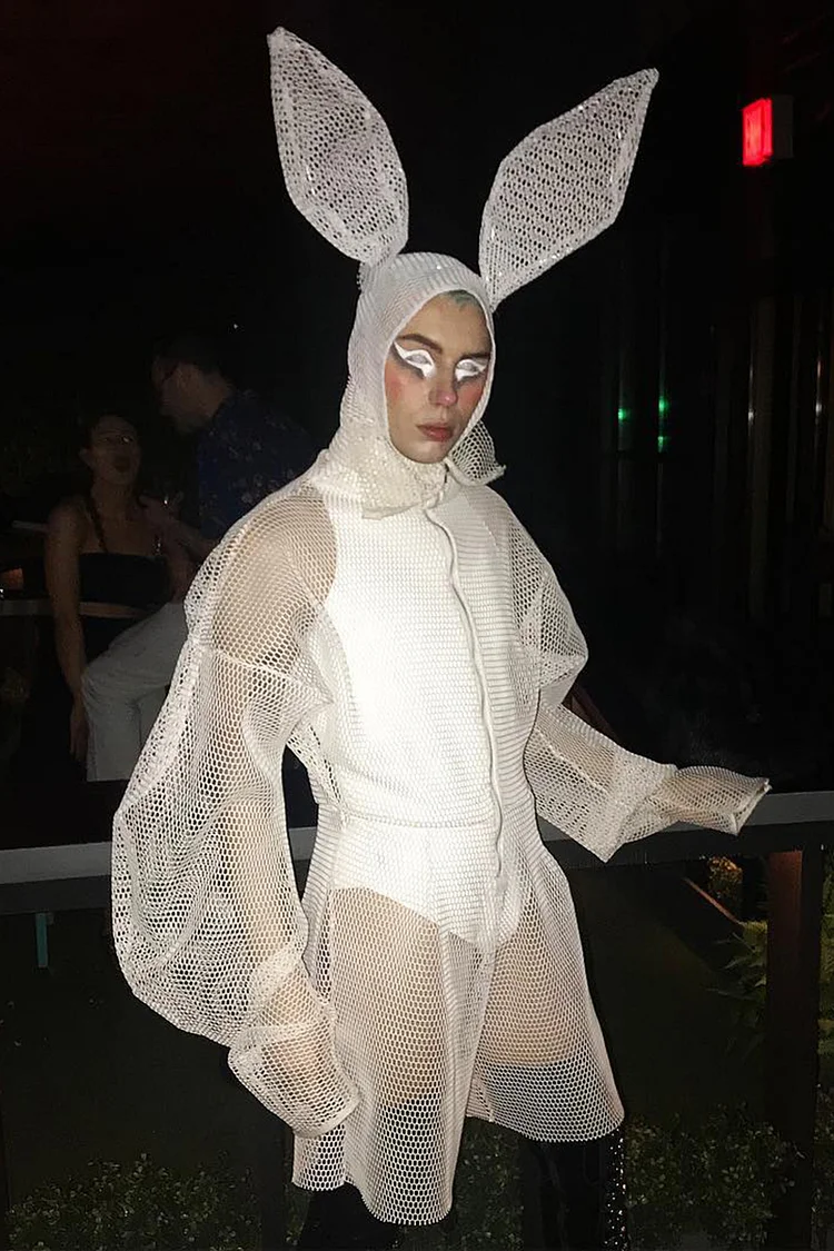 Halloween See-Through Fishnet Hooded Puff Sleeve White Dress