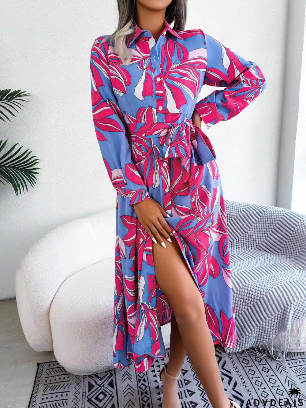 Women Color Block Floral Turndown Collar Tie Shirt Maxi Dress