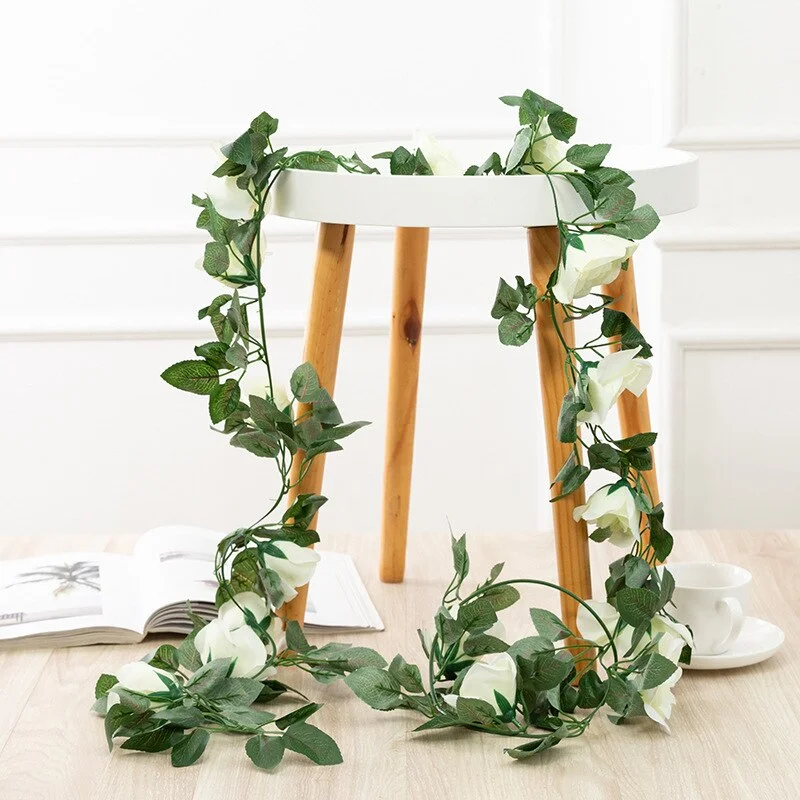 2.4m Silk Artificial Roses Flowers Rattan String Vine with Green Leaves For Home Wedding Garden Decoration Hanging Garland Wall
