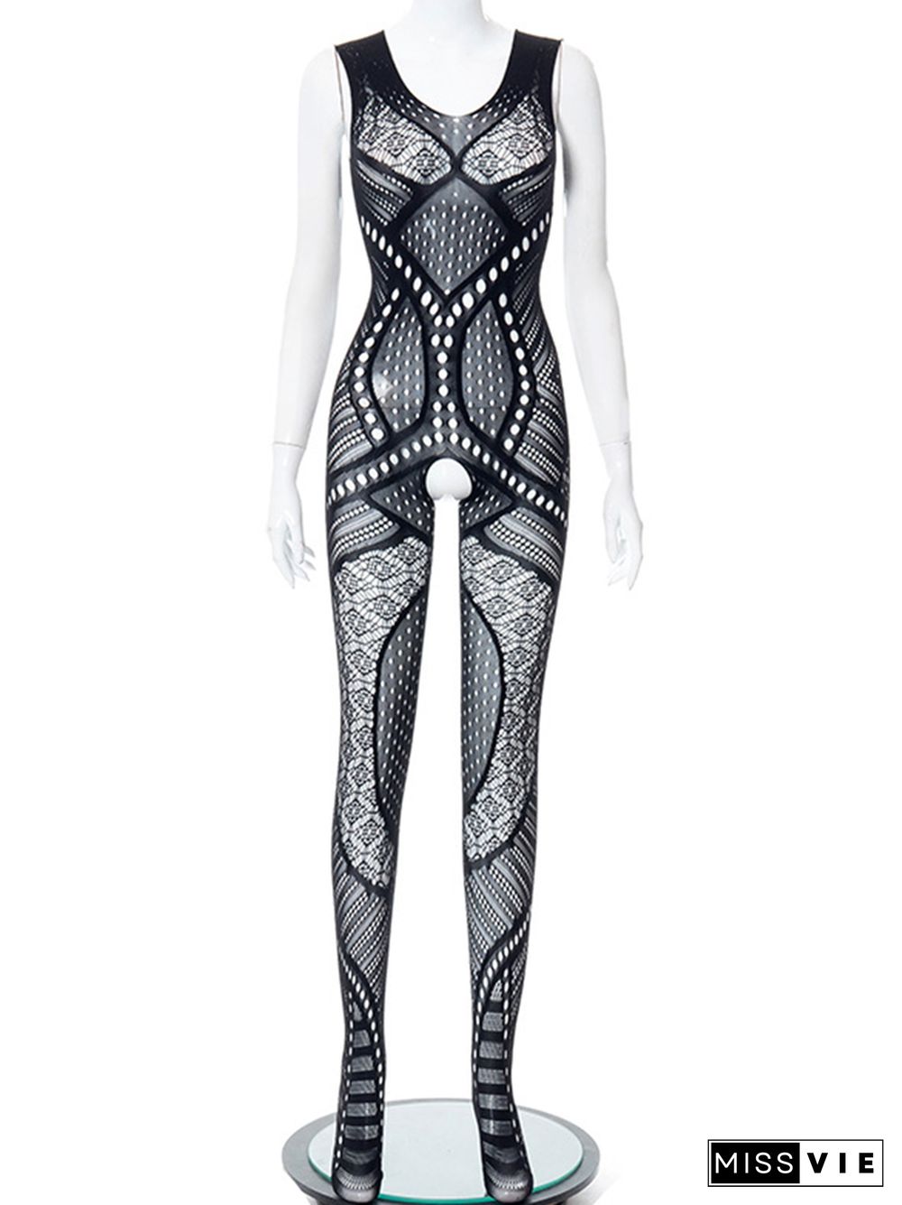 Hollow Out Mesh See Through Black Jumpsuit Summer Women Fashion One Piece Outfits Sexy