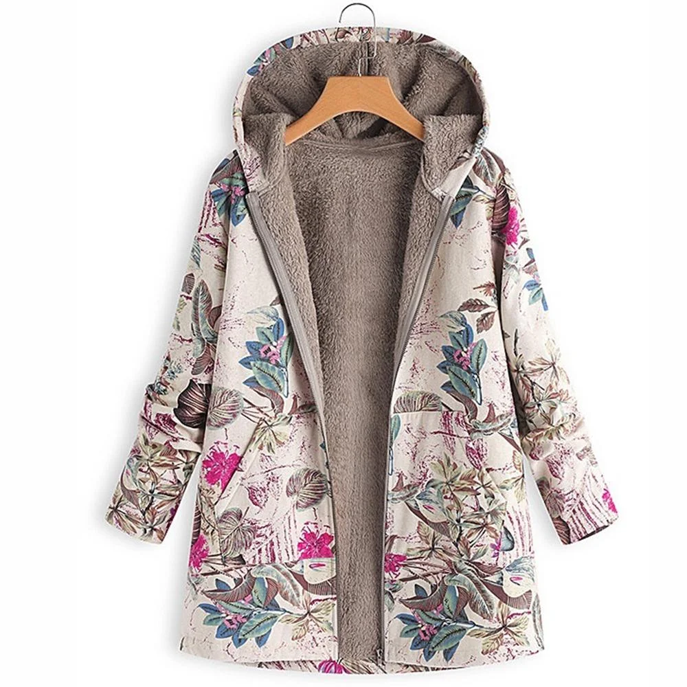 Floral Print Winter Jacket Women Warm Pockets Hooded Oversized Coats Vintage Fluffy Cozy Parkas Female Casual Zipper Outerwear