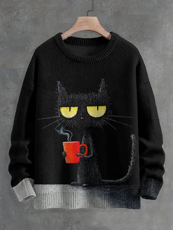 Men's Black Cat Relaxes And Drinks Coffee Print Knit Sweatshirt
