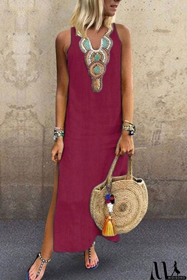 MidiSono - Sleeveless V-neck Slit Tunic Dress