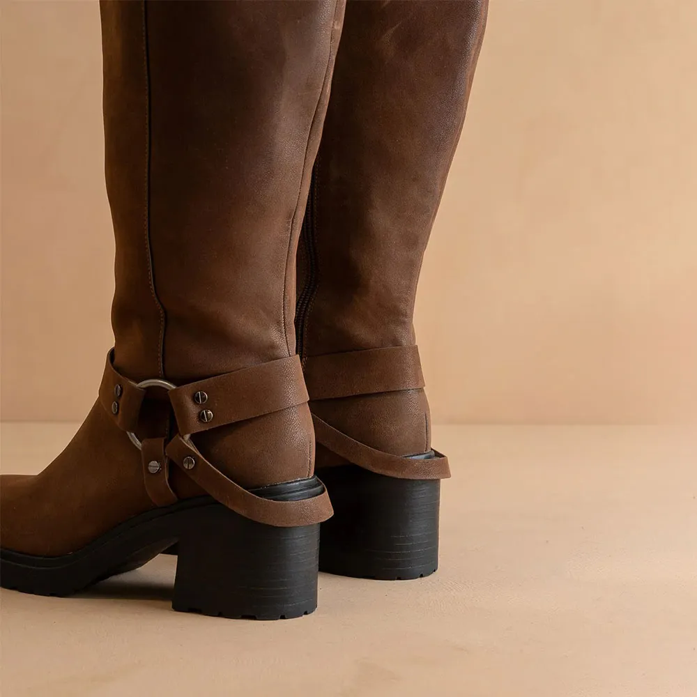 Chic Brown Round Toe Buckle Studded Pull On Tall Boots for Women