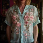 Men's Floral Three-dimensional Embroidery Sequin Retro Vintage Vintage Style Light Blue Short Sleeved Casual Shirt - Image 2