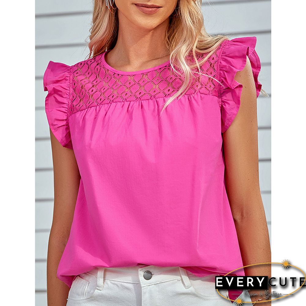 Pink Spliced Lace Neck Ruffled Sleeve Tank Top