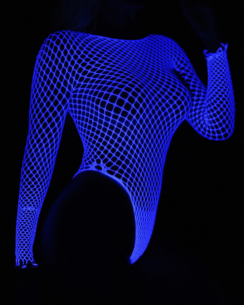 Lovingerie - Luminous Blue Long Sleeve Fishnet Bodysuits