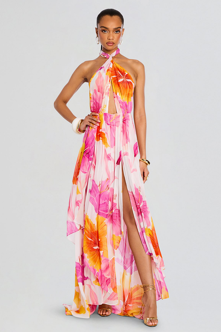 Floral Print Cutout High Slit Halter Maxi Dresses-Fuchsia [Pre Order]