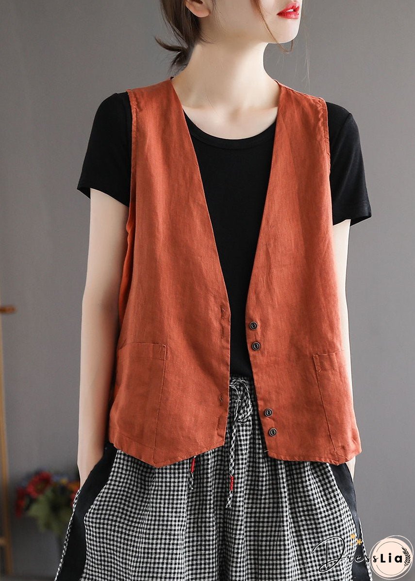 Plus Size Orange V Neck Pockets Linen Vest Tops Sleeveless