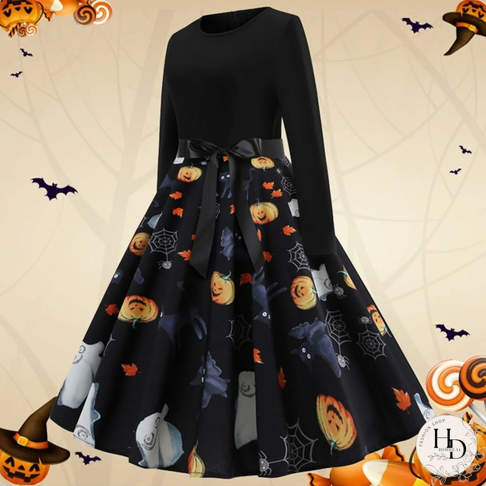 8 Colors Halloween Pumpkin Ghost Skull 3d Print Dresses Santa Claus Christmas Tree Printed Flared Swing Dresses Long Sleeve Ruched Gown Dress Xmas Festival Vestido de Mujer