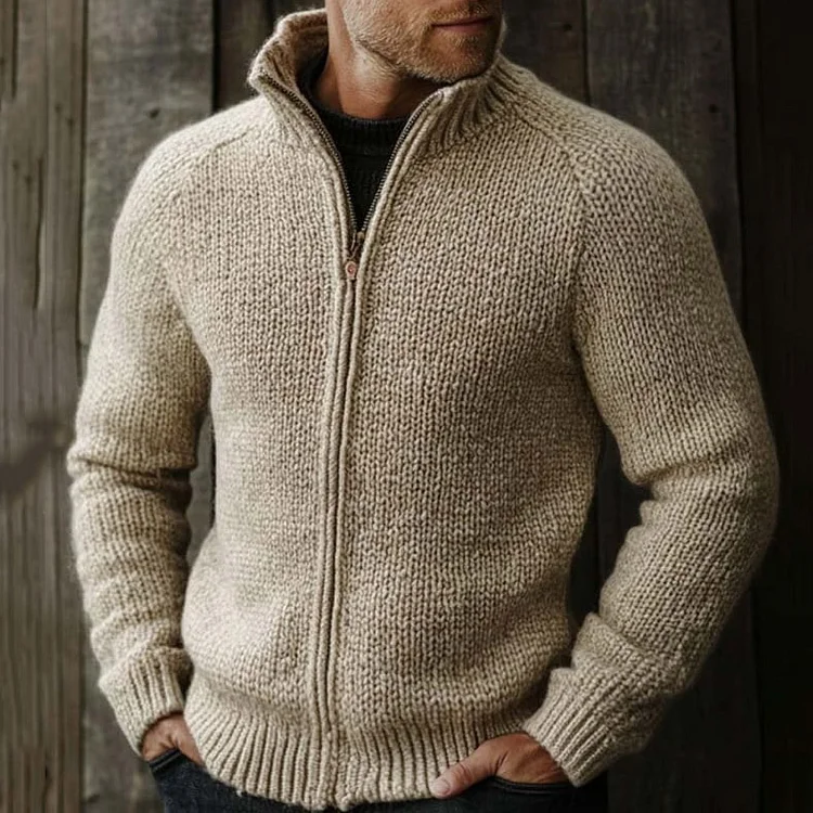 Vintage Loose Solid Color Stand Collar Zipper Knit Jacket Sweater