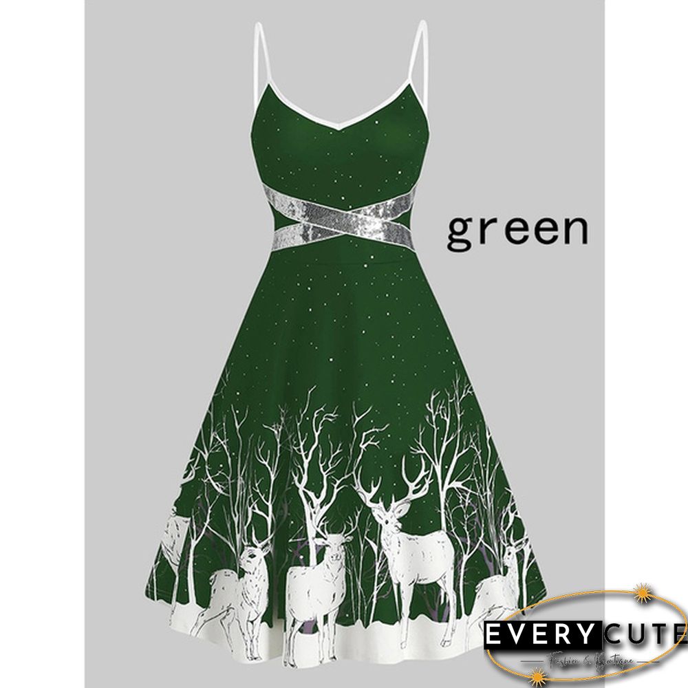 Christmas Print Sequin Patchwork Sleeveless Dress Santa Xmas Deer Skater Party Dresses