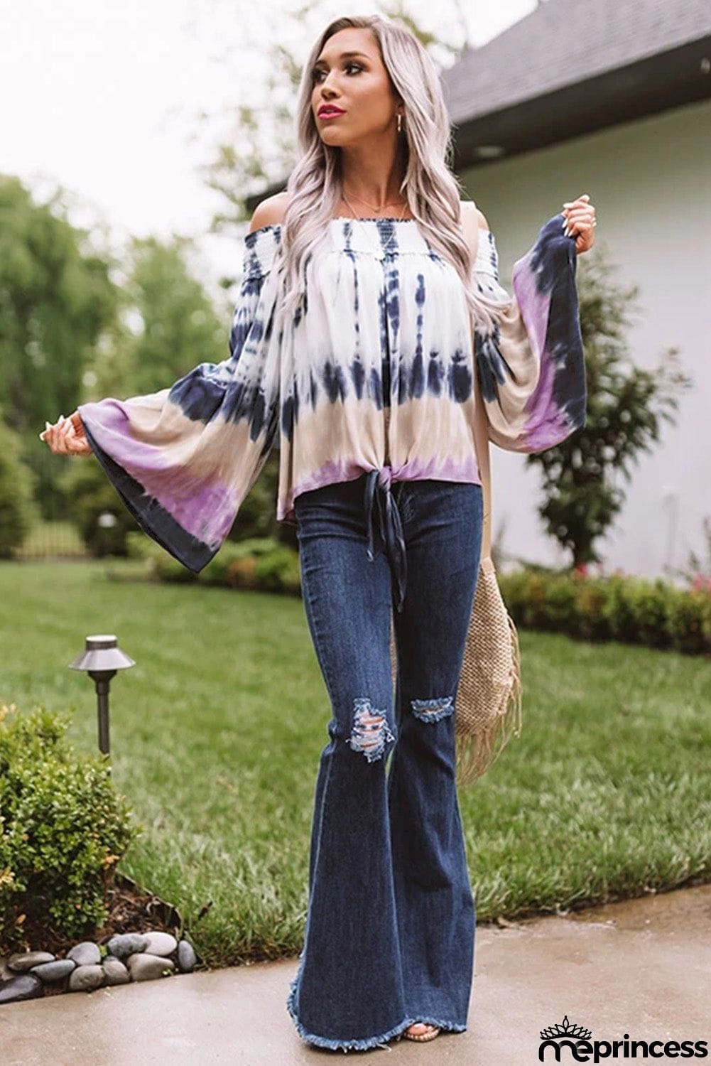 Love Triangle Tie Dye Flare Sleeve Off Shoulder Tie Top
