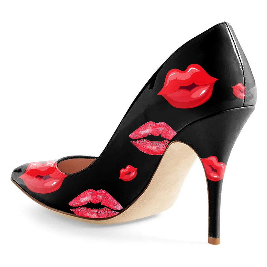 Vegan Leather Red Lips Printed Pointed Toe Ladies Party Heels in Black