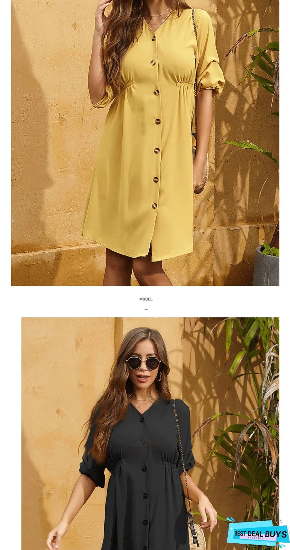 Solid-colored Loose-fitting Mid-sleeve Pleated Shirt Large Swing Dress