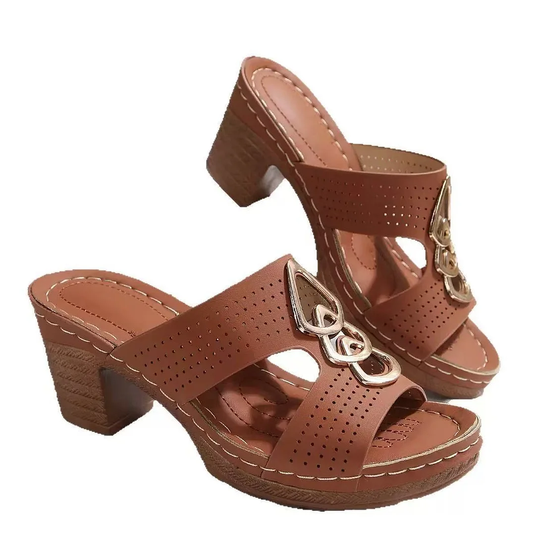 Yyvonne Vintage Casual Roman Style Round Slippers Women's New Empty-Patty Pattern High-Heeled Buckle With Large-Size Slippers For Women