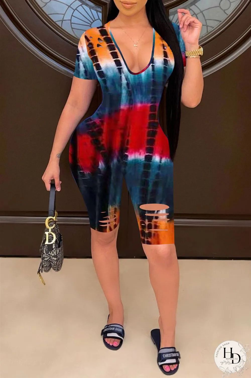 Purple Fashion Casual Print Tie Dye Ripped V Neck Skinny Romper