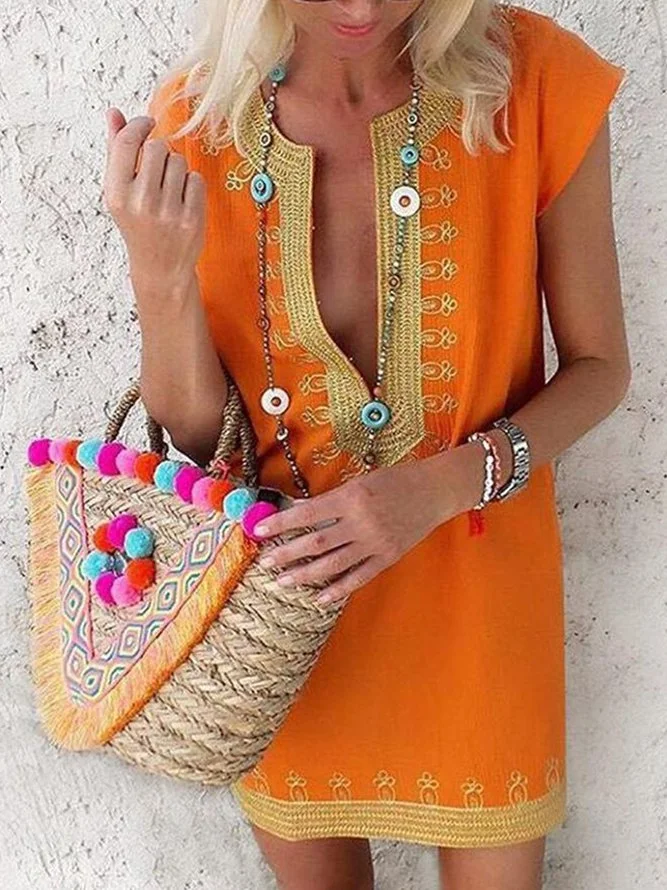 Orange Short Sleeve Solid Dresses Zaesvini