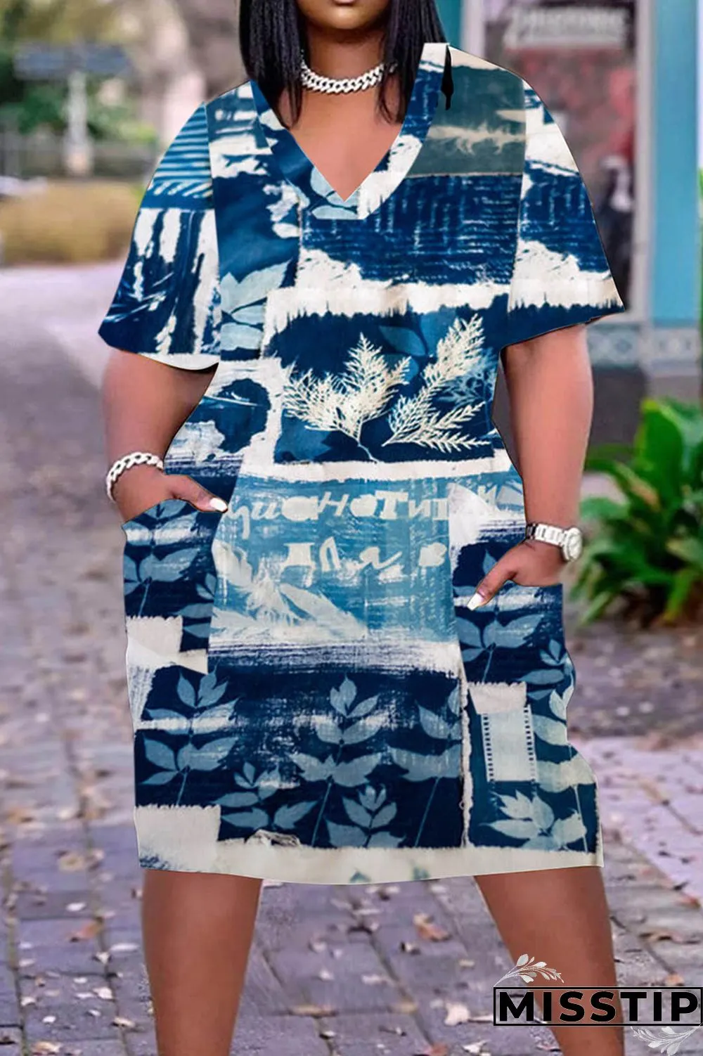 Multicolor Casual Print Patchwork V Neck Short Sleeve Dress Plus Size Dresses