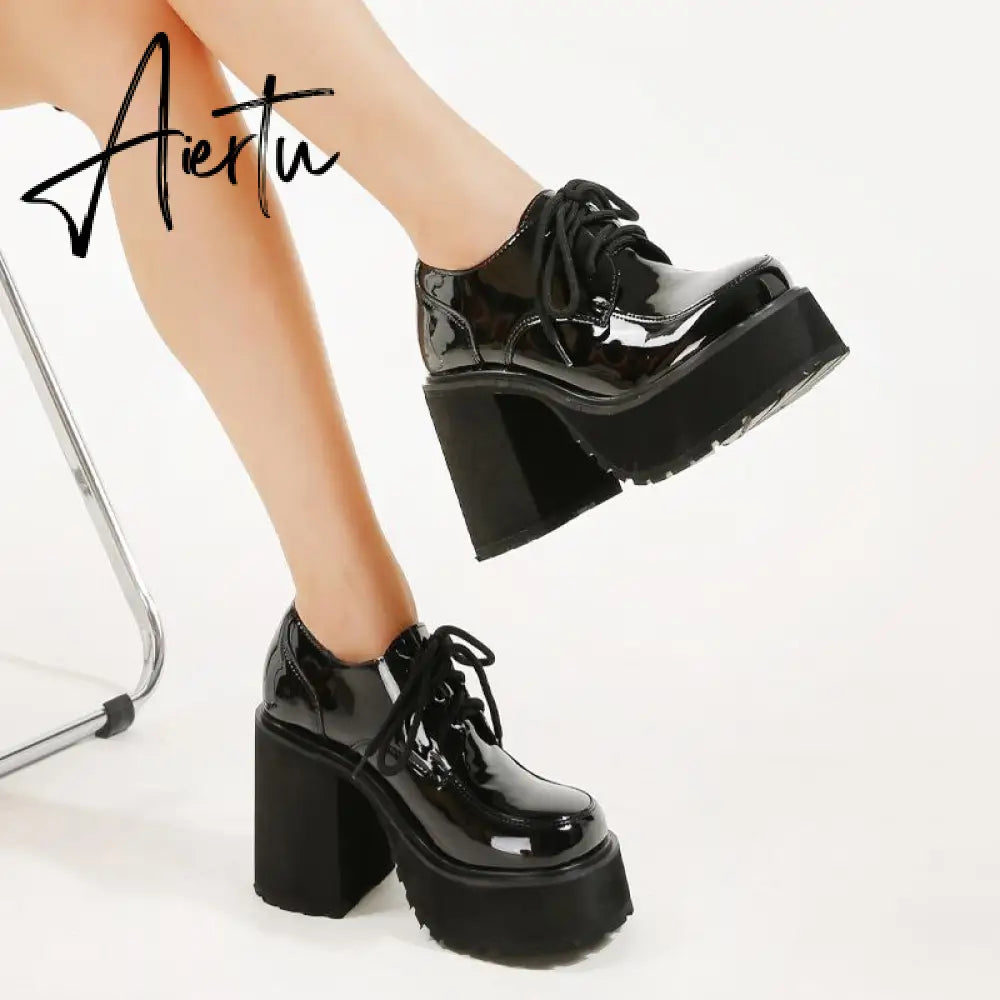 Women Waterproof Platform Patent Leather Thick-Soled Shoes mysite