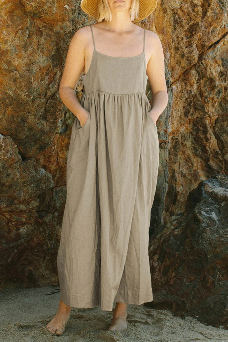Button-back Pocketed Cotton Cami Dress