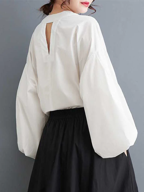 Buttoned Hollow Pleated Solid Color Loose Nine-Minute Sleeve Round-Neck Blouses&Shirts Tops