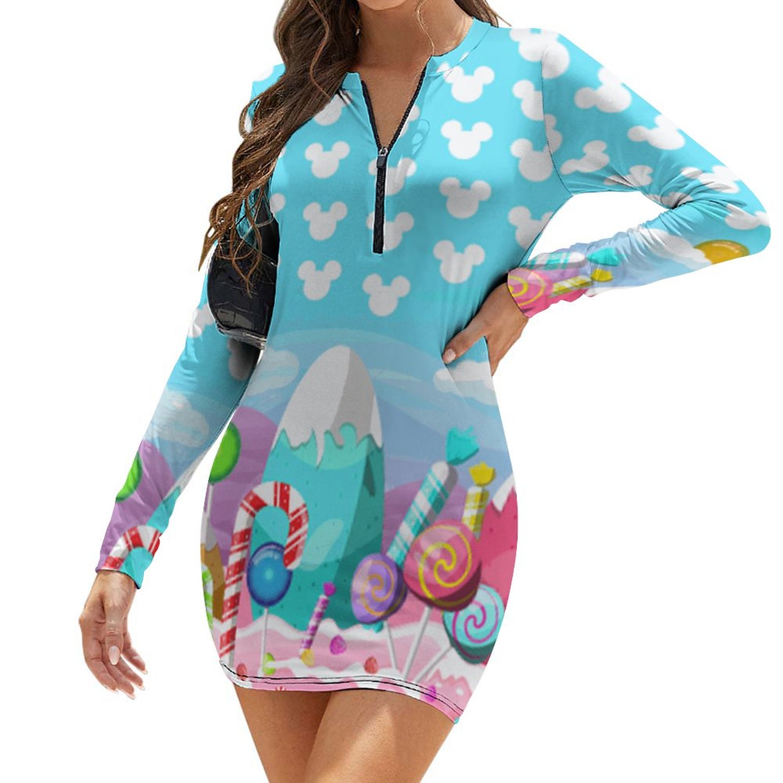 Fantasy Lovely Candyland Party Dress Rainbow Cake Pink Blue Custom Photo Funny Gift Long-Sleeve Zipper Front Bodycon Dress