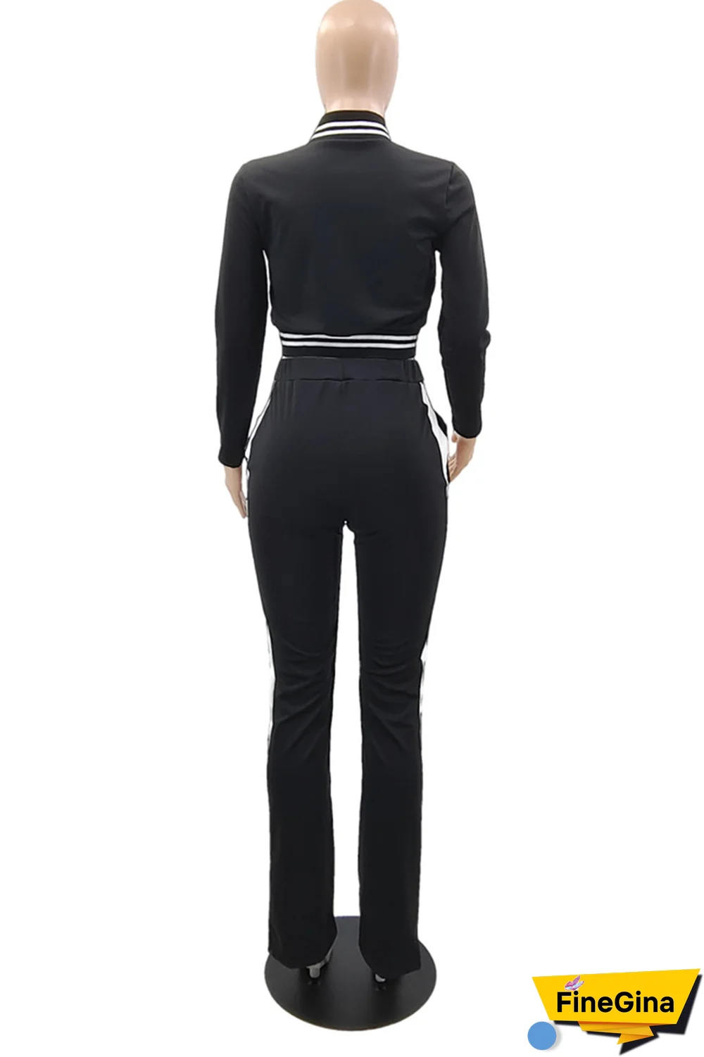 Black Street Print Patchwork Mandarin Collar Long Sleeve Two Pieces