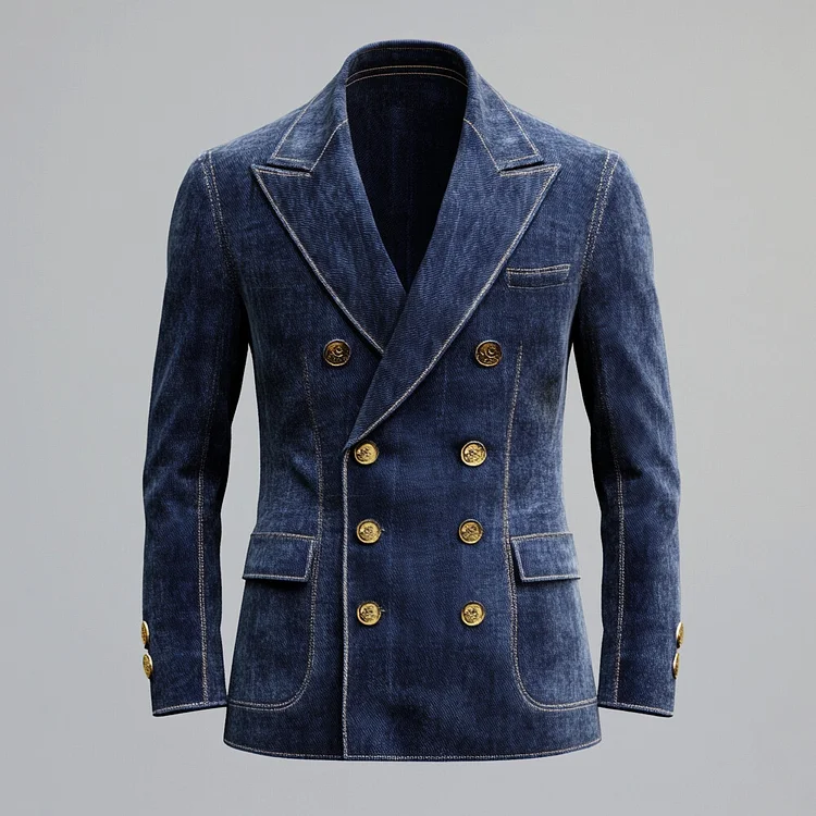 Men's Peak Lapel Double Breasted Long Sleeve Denim Blazer