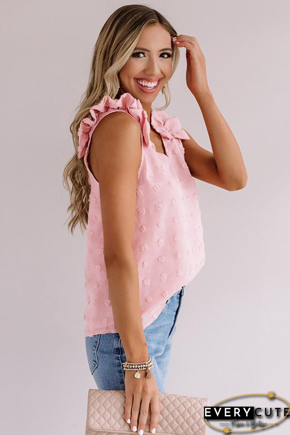 Pink Swiss Dot Woven Sleeveless Top With Ruffled Straps