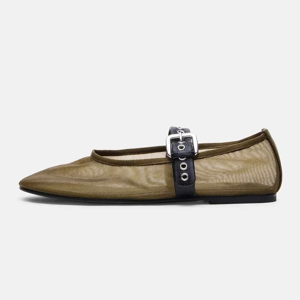 Olive Mesh Round Toe Flat Women's Mary Jane Shoes with Buckle