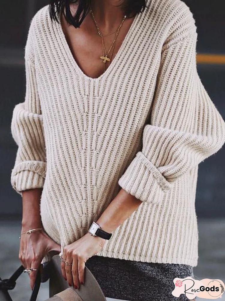 Knitted Casual V Neck Solid Sweater