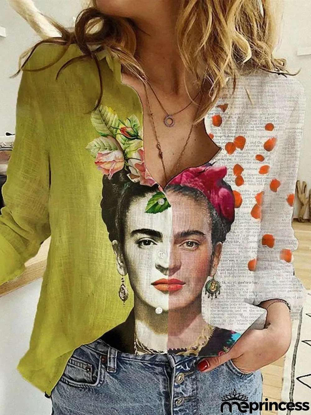 Ladies And Flower Printed Lapel Long Sleeve Shirt