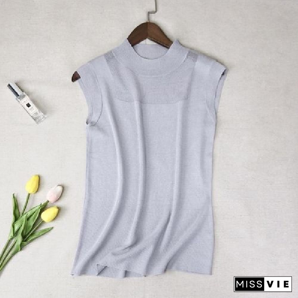 Hollow Out Sleeveless Women Knitted T Shirts Turtleneck Black Lace Sexy Lady Vest T Shirts Pink Loose Summer Thin Knit Tops