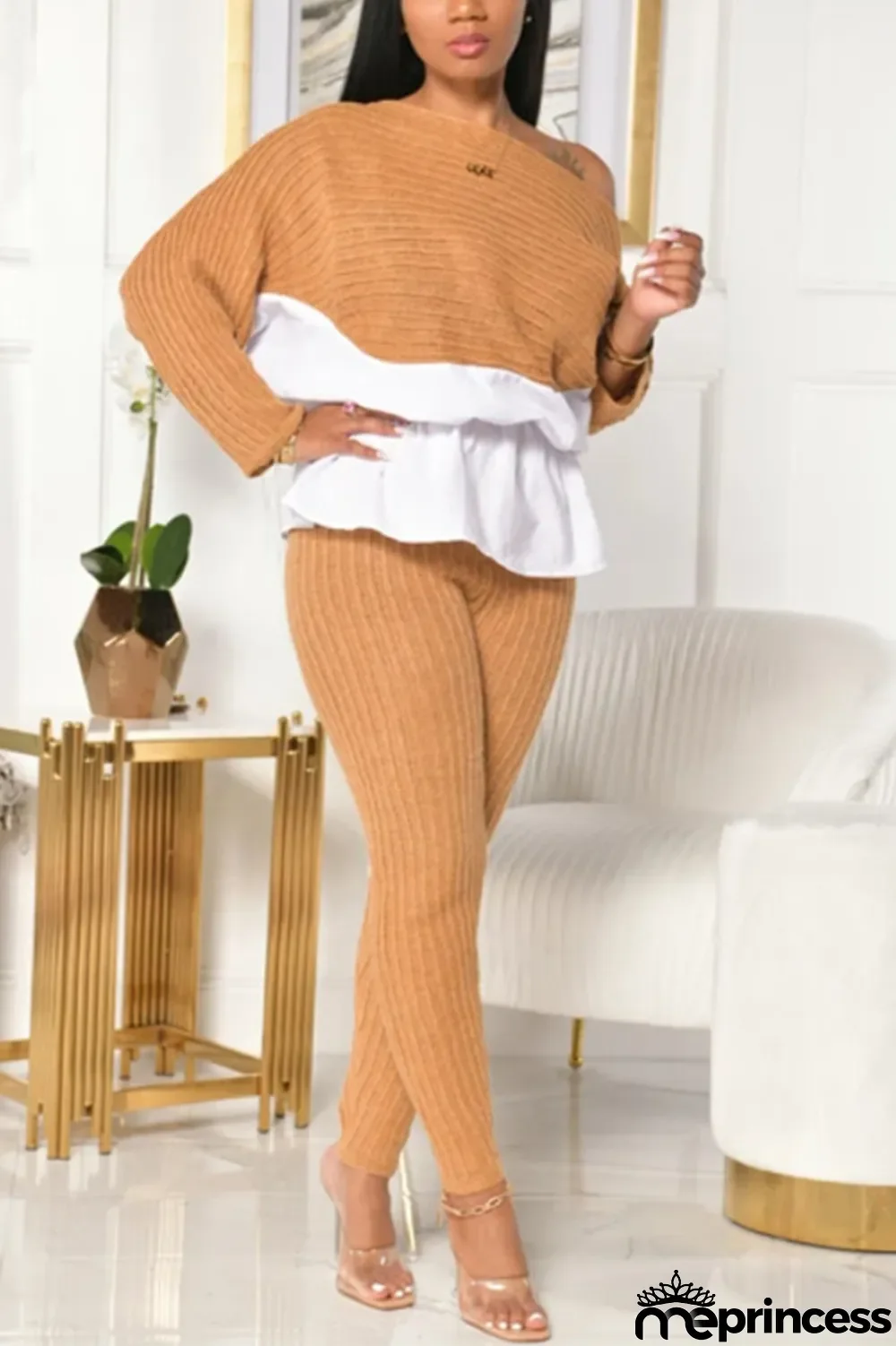 Orange Fashion Casual Patchwork Split Joint O Neck Long Sleeve Regular Sleeve Regular Two Pieces