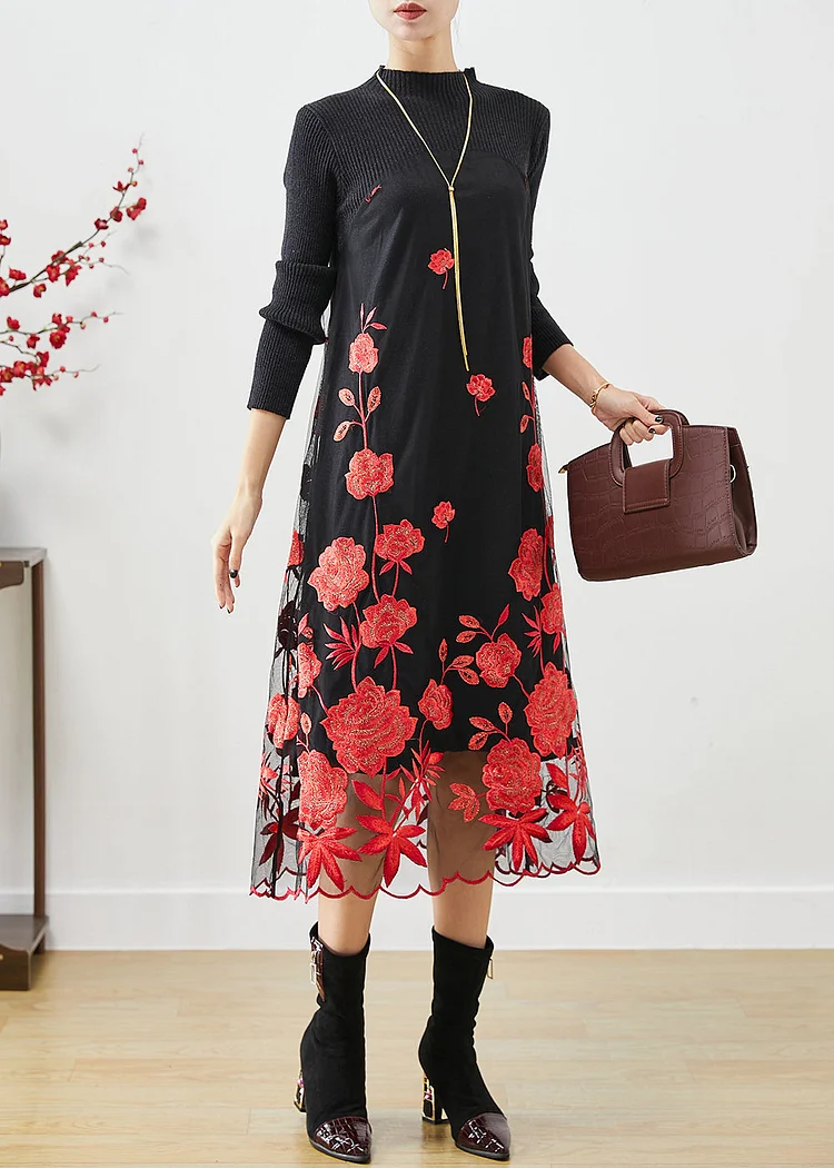 Red Floral Silm Fit Knit Long Dress Embroideried Fall