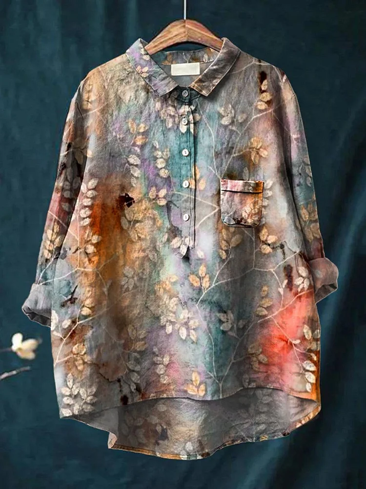 Womens Retro Color Background White Leaf Print Casual Cotton And Linen Shirt