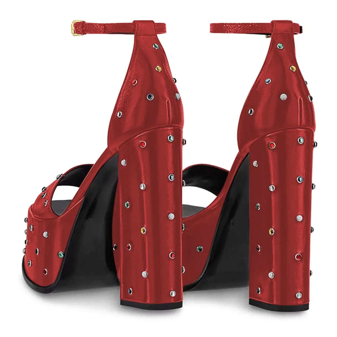 Red Ankle Strap Open Toe Platform High Heels Sandals with Rhinestones