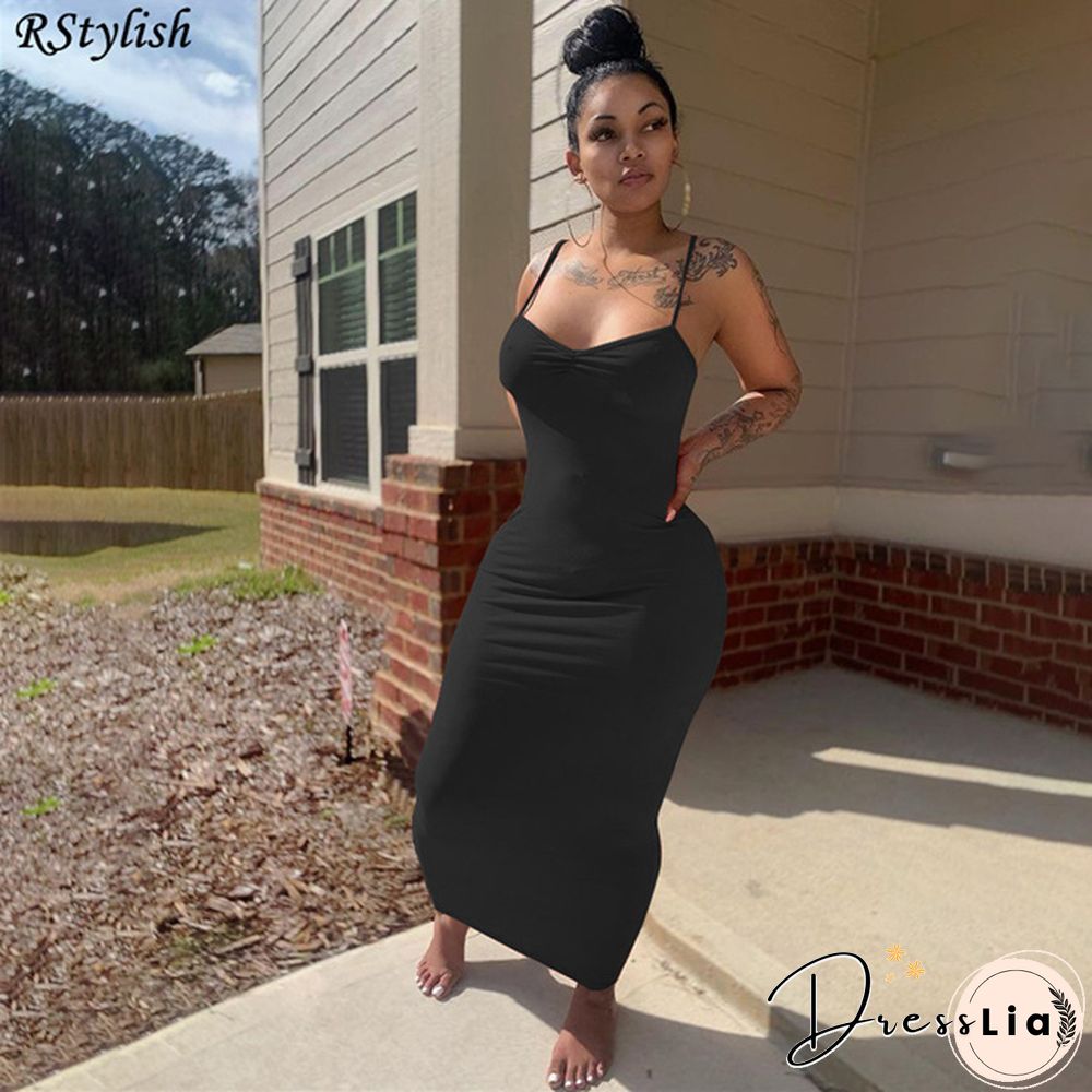 Elegant Women Solid Color Spaghetti Strap Sheath Long Dress