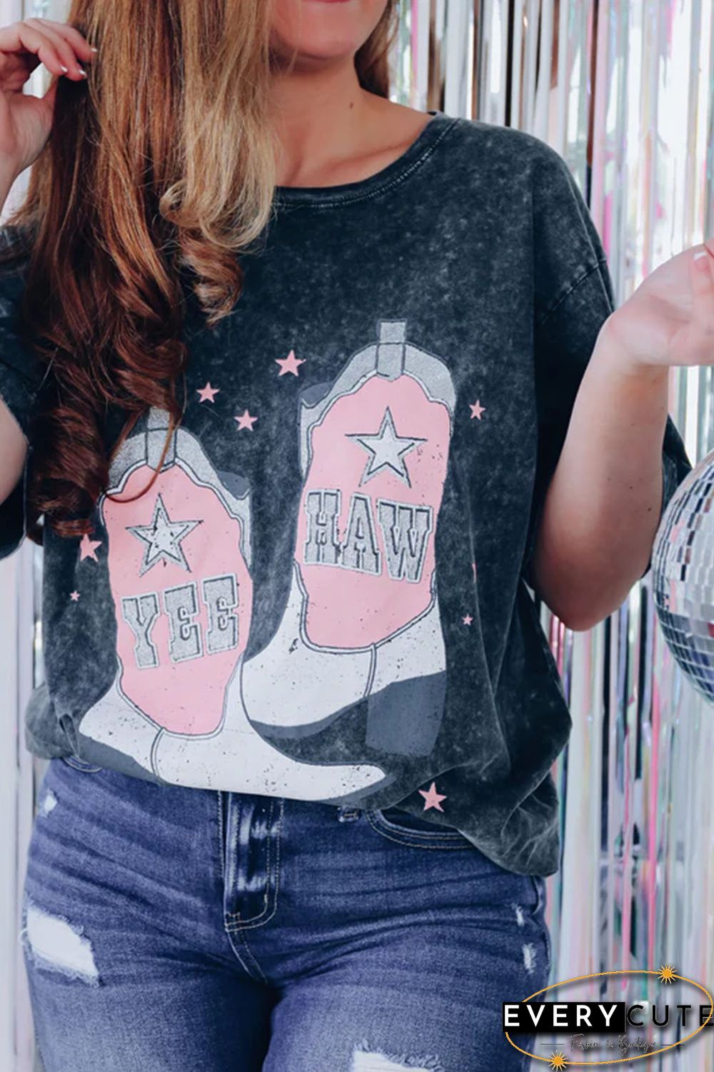 Black YEE HAW Boots Graphic Acid Wash Short Sleeve Top
