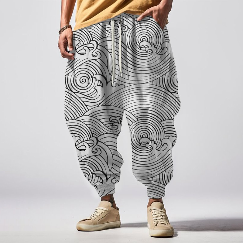 Vintage Wave Pattern All Over Japanese Art Print Pattern Casual Loose Drawstring Waist Sweatpants wearshes