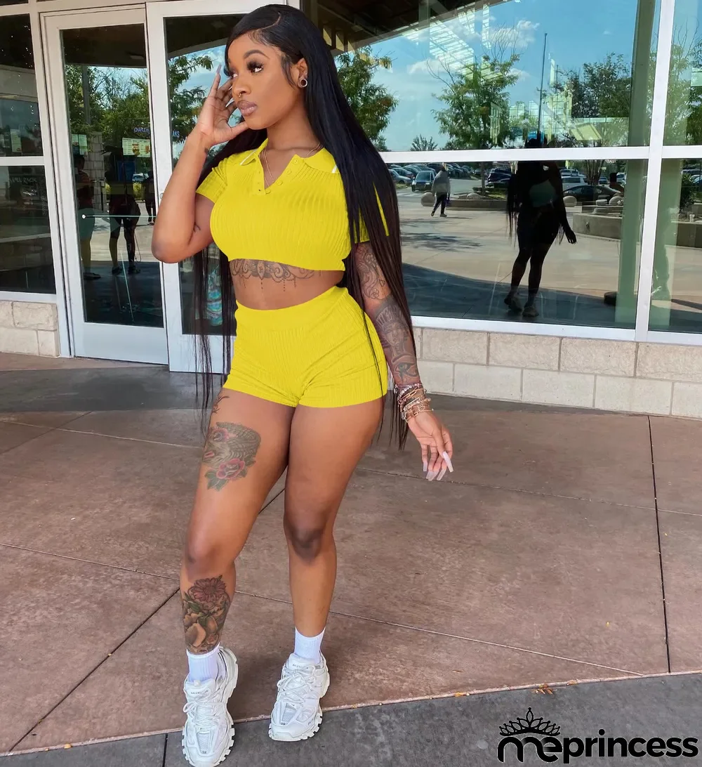 Solid Crop Top And Shorts Two Piece Sets