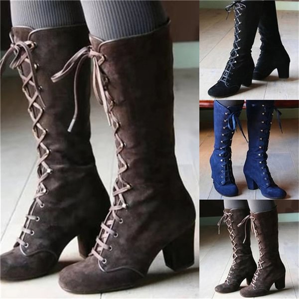 Winter Women Knee High Leather Combat Boots Vintage Style Retro Lace Up Thick Heel Boots - Shop Trendy Women's Clothing | LoverChic